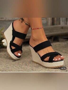 Womens Black Wedge Sandals with Textured Platform
